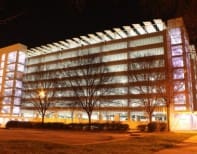 A building with lights on the outside of it